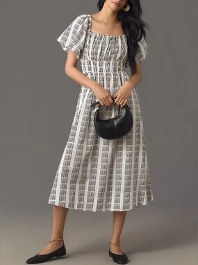 Maeve Puff-Sleeve Square-Neck Smocked Midi Dress Med Petite Puff Sleeve Resort